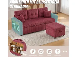 Sofá conversível de 3 lugares - com espaço de armazenamento e cama retrátil + USB + LEDs + porta-copos - veludo - vermelho