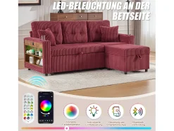 Sofá conversível de 3 lugares - com espaço de armazenamento e cama retrátil + USB + LEDs + porta-copos - veludo - vermelho
