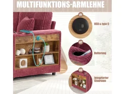 Sofá conversível de 3 lugares - com espaço de armazenamento e cama retrátil + USB + LEDs + porta-copos - veludo - vermelho