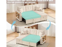 Sofá conversível de 3 lugares - com espaço de armazenamento e cama retrátil + USB + LEDs + porta-copos - veludo - bege