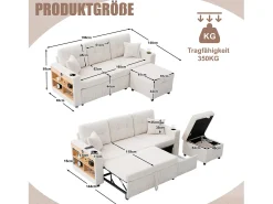 Sofá conversível de 3 lugares - com espaço de armazenamento e cama retrátil + USB + LEDs + porta-copos - veludo - bege