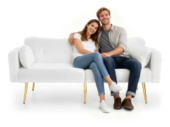 Sofá conversível de 2 lugares - 175 x 79 x 82 cm - com encosto ajustável - pés de metal dourado - veludo - branco