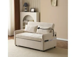 Sofá conversível de 2 lugares com encosto ajustável - Suporte e tomada USB - Tecido Chenille - Função dormir - Bege