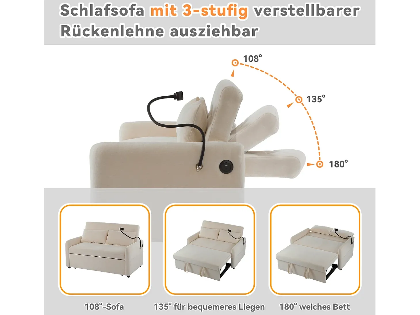 Sofá conversível de 2 lugares com encosto ajustável - Suporte e tomada USB - Tecido Chenille - Função dormir - Bege
