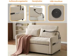 Sofá conversível de 2 lugares com encosto ajustável - Suporte e tomada USB - Tecido Chenille - Função dormir - Bege