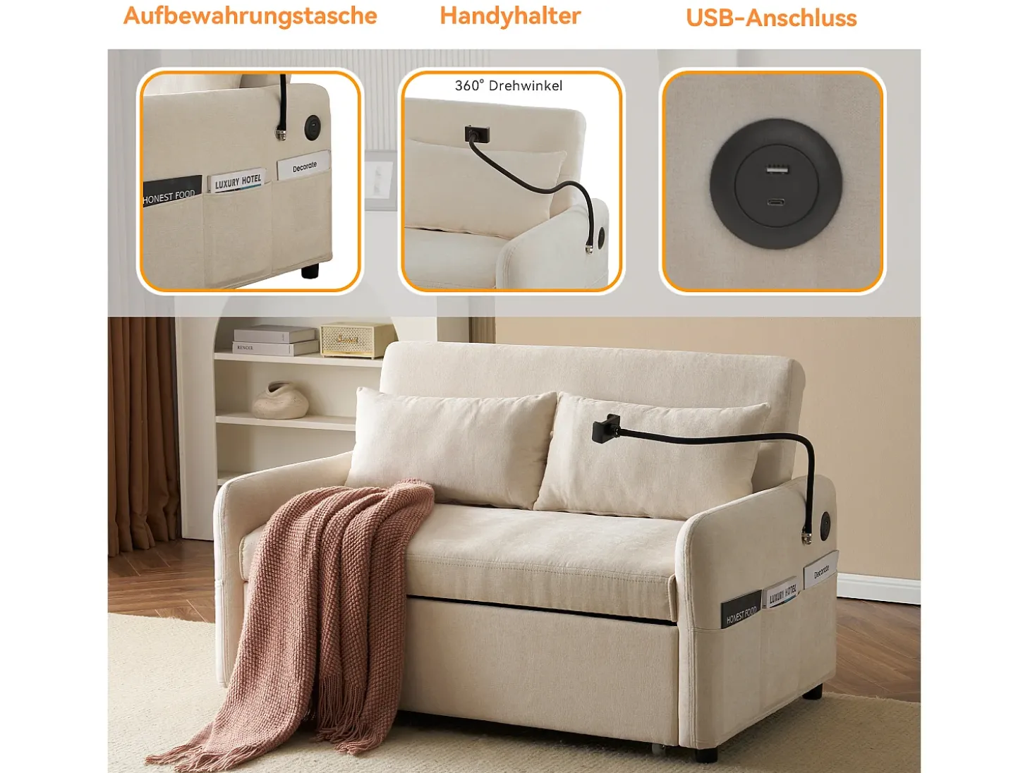 Sofá conversível de 2 lugares com encosto ajustável - Suporte e tomada USB - Tecido Chenille - Função dormir - Bege