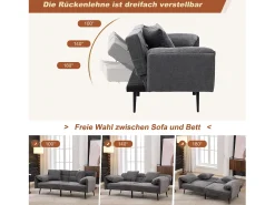 Sofá conversível de 2 lugares - 167,5 x 73 x 70 cm - Encosto reclinável em 3 posições (100°–180°) - Tecido - cinza