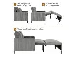 Sofá conversível de 2 lugares Clique clique, veludo cinza com nervuras, sono de 170 cm, colchão de 10 cm, para estúdio/sala de estar/quarto