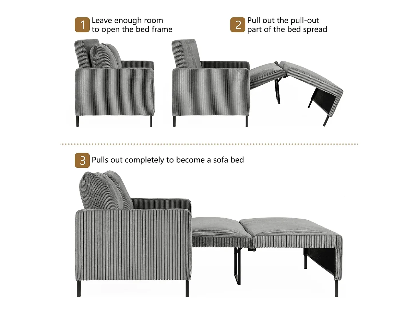 Sofá conversível de 2 lugares Clique clique, veludo cinza com nervuras, sono de 170 cm, colchão de 10 cm, para estúdio/sala de estar/quarto