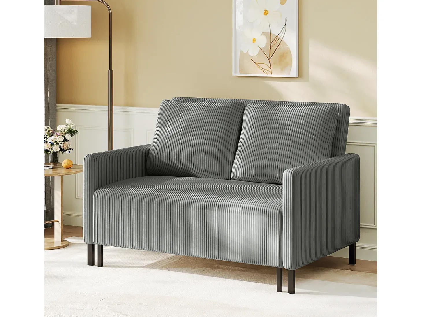 Sofá conversível de 2 lugares Clique clique, veludo cinza com nervuras, sono de 170 cm, colchão de 10 cm, para estúdio/sala de estar/quarto