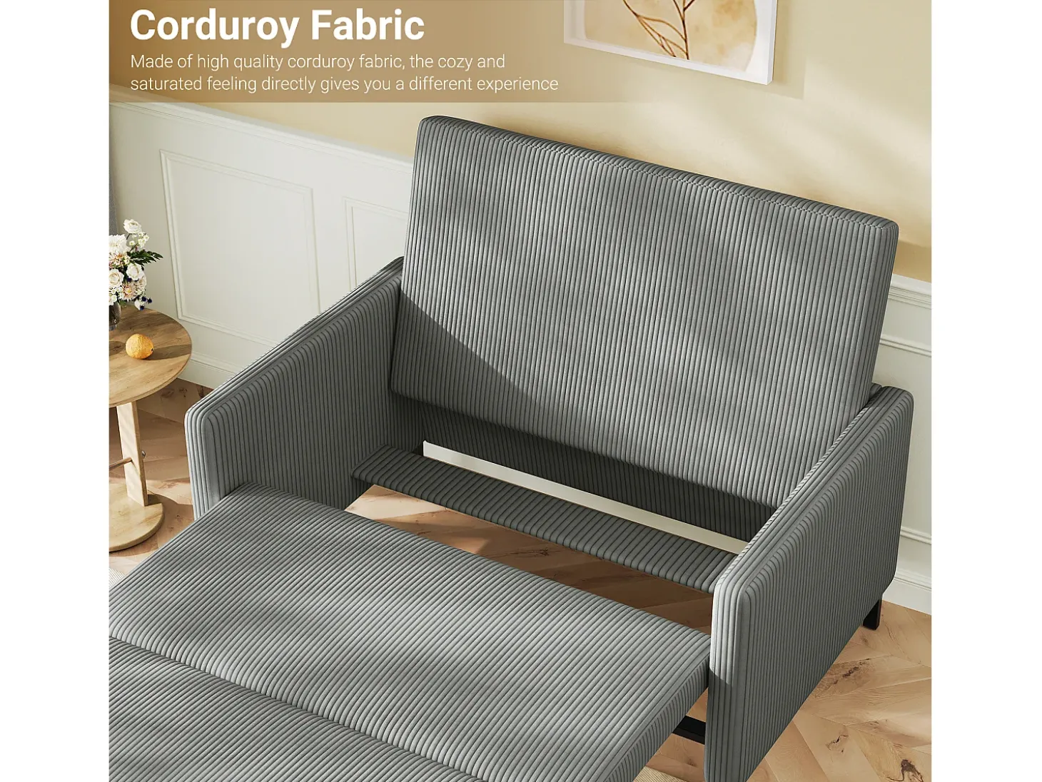 Sofá conversível de 2 lugares Clique clique, veludo cinza com nervuras, sono de 170 cm, colchão de 10 cm, para estúdio/sala de estar/quarto