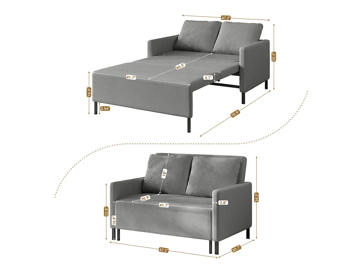 Sofá conversível de 2 lugares Clique clique, veludo cinza com nervuras, sono de 170 cm, colchão de 10 cm, para estúdio/sala de estar/quarto