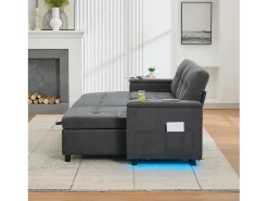 Sofá conversível de 3 lugares - 208 x 146 x 89,5 cm - com espaço de armazenamento integrado + LEDs - Tecido - cinza