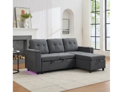 Sofá conversível de 3 lugares - 208 x 146 x 89,5 cm - com espaço de armazenamento integrado + LEDs - Tecido - cinza
