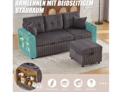 Sofá conversível de 3 lugares - com espaço de armazenamento e cama retrátil + USB + LEDs + porta-copos - veludo - cinza escuro
