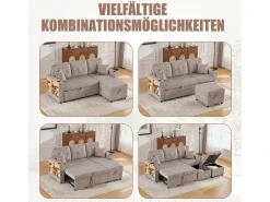 Sofá conversível de 3 lugares - com espaço de armazenamento e cama retrátil + USB + LEDs + porta-copos - veludo - cinza claro