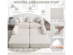 Sofá conversível de 4 lugares - 270 x 180 x 64 cm - design modular - veludo - bege