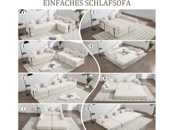 Sofá conversível de 4 lugares - 270 x 180 x 64 cm - design modular - veludo - bege