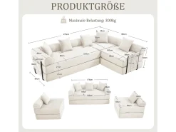 Sofá conversível de 4 lugares - 270 x 180 x 64 cm - design modular - veludo - bege
