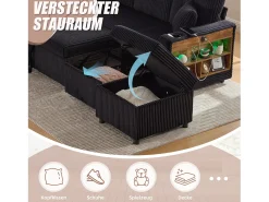 Sofá conversível de 3 lugares - com espaço de armazenamento e cama retrátil + USB + LEDs + porta-copos - veludo - preto