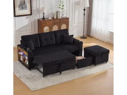 Sofá conversível de 3 lugares - com espaço de armazenamento e cama retrátil + USB + LEDs + porta-copos - veludo - preto