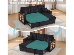 Sofá conversível de 3 lugares - com espaço de armazenamento e cama retrátil + USB + LEDs + porta-copos - veludo - preto