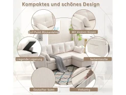 Sofá conversível de 3 lugares - 206 x 130 x 88 cm - sofá modular - com armazenamento - veludo - bege