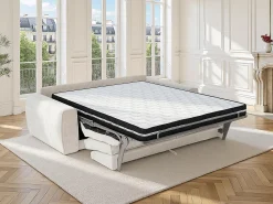 Sofá conversível de 4 lugares express em tecido chenille bege 160 cm colchão 16 cm VOMERA