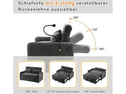 Sofá conversível de 2 lugares com encosto ajustável - Suporte e tomada USB - Tecido Chenille - Função dormir - Cinza