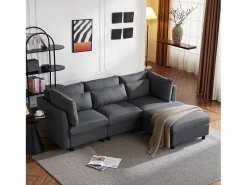 Sofá conversível de canto direito com apoio para pés - Tecido de linho - 220 x 83 x 81 cm - Cinza