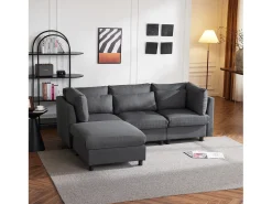 Sofá conversível de canto direito com apoio para pés - Tecido de linho - 220 x 83 x 81 cm - Cinza