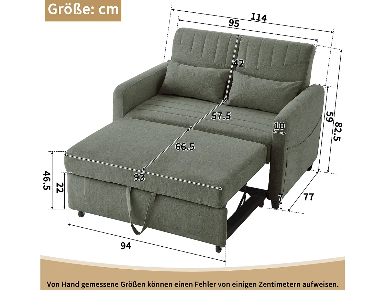 Sofá conversível duplo 114 x 77 x 82,5 cm - encosto ajustável em três níveis - tecido de algodão e linho - verde militar