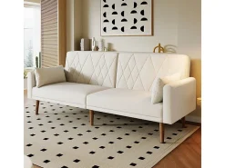 Sofá conversível em veludo bege - com 2 almofadas - braços e encosto ajustáveis - pés em madeira maciça - 180x75x82cm