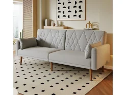 Sofá conversível em veludo cinza - com 2 almofadas - braços e encosto ajustáveis - pés em madeira maciça - 180x75x82cm