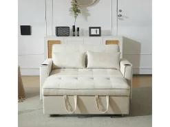 Sofá conversível em veludo - 2 lugares - com 2 travesseiros, bolsos de apoio de braço, suportes de vidro - encosto reclinável - 137x76.5x83cm