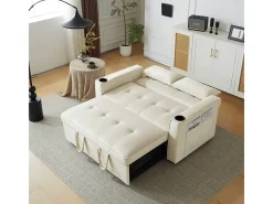 Sofá conversível em veludo - 2 lugares - com 2 travesseiros, bolsos de apoio de braço, suportes de vidro - encosto reclinável - 137x76.5x83cm