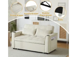 Sofá conversível em veludo - 2 lugares - com 2 travesseiros, bolsos de apoio de braço, suportes de vidro - encosto reclinável - 137x76.5x83cm