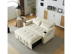 Sofá conversível em veludo - 2 lugares - com 2 travesseiros, bolsos de apoio de braço, suportes de vidro - encosto reclinável - 137x76.5x83cm