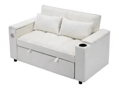 Sofá conversível para 2 pessoas 140.5x74x82 cm - Encosto ajustável - Porta USB - Porta-copos - Mesa de apoio - Bege