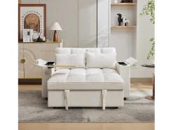 Sofá conversível para 2 pessoas 140.5x74x82 cm - Encosto ajustável - Porta USB - Porta-copos - Mesa de apoio - Bege