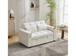 Sofá conversível para 2 pessoas 140.5x74x82 cm - Encosto ajustável - Porta USB - Porta-copos - Mesa de apoio - Bege