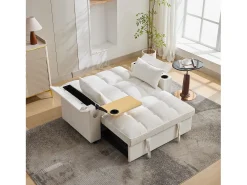 Sofá conversível para 2 pessoas 140.5x74x82 cm - Encosto ajustável - Porta USB - Porta-copos - Mesa de apoio - Bege