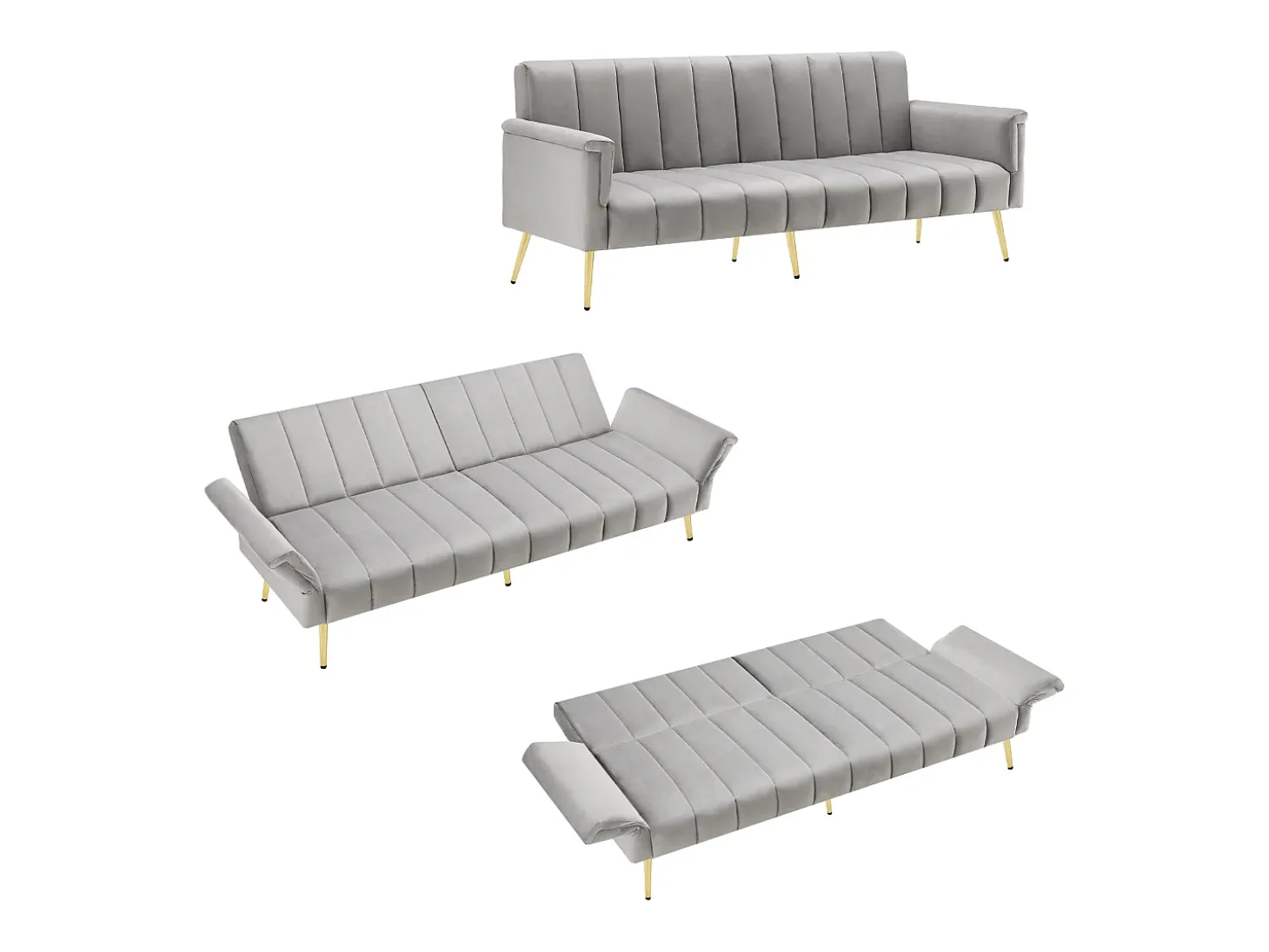 Sofá conversível reto de 2 lugares em veludo cinza claro, encosto e braços dobráveis - 183x76x75cm