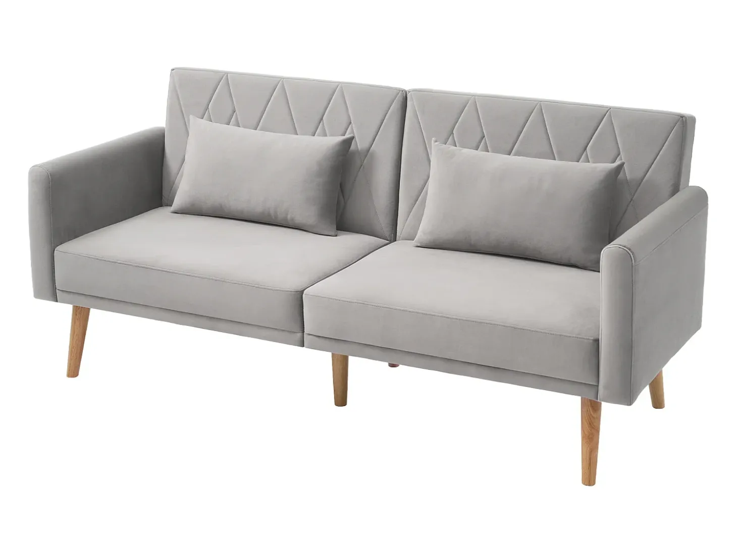 Sofá conversível reto de 2 lugares em veludo cinza claro, 2 almofadas incluídas - 180x75x82cm