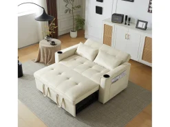 Sofá conversível, Sofá-cama dobrável de veludo - 137 x 76,5 x 86 cm - com função dormir - Bege