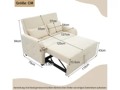 Sofá conversível 127x75x94 cm - Encosto ajustável - Com 2 almofadas - Bege