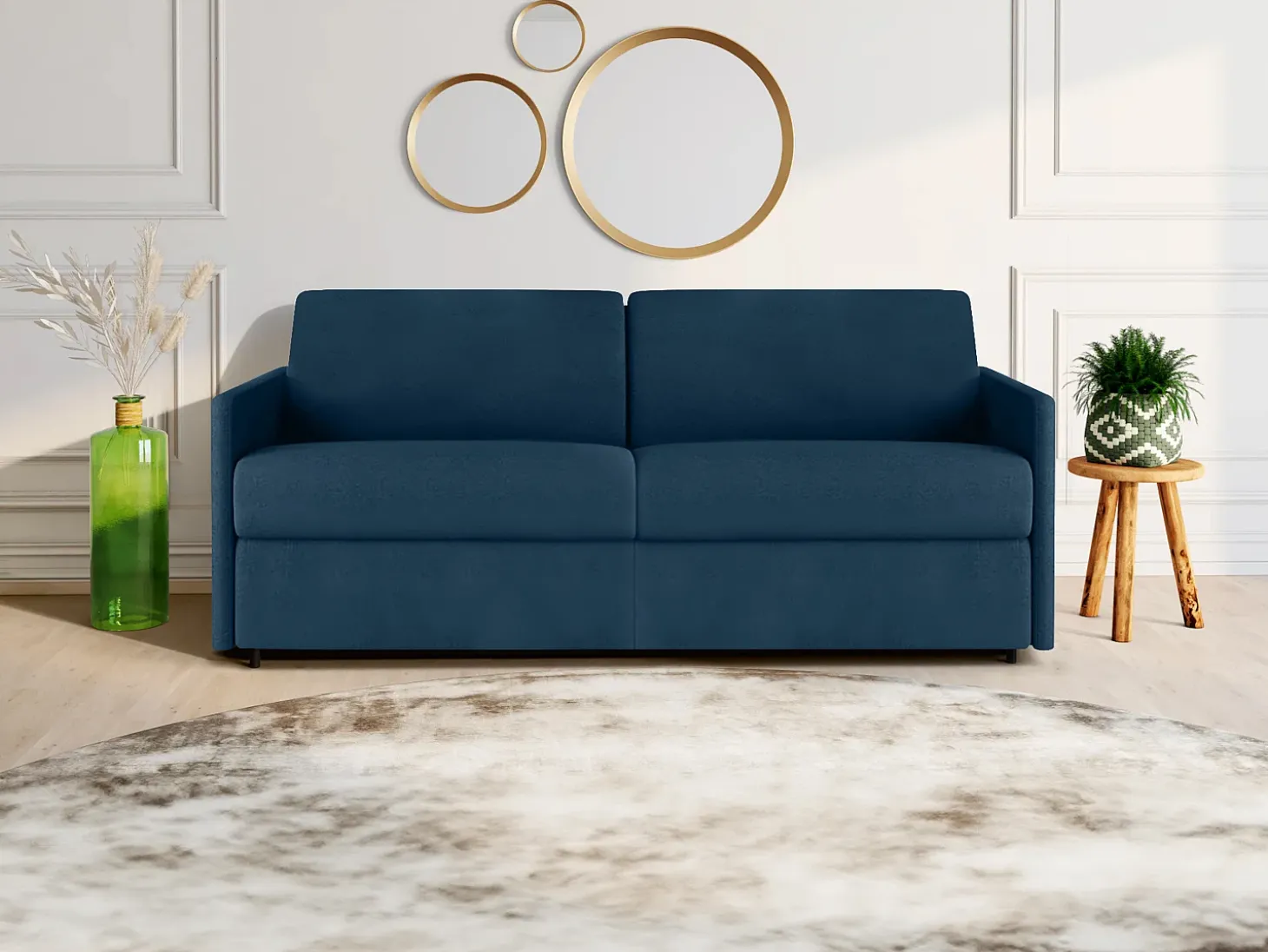 Sofá convertível abertura rápida tecido azul noite assento memória de forma 160 cm colchão 14 cm CALIFE