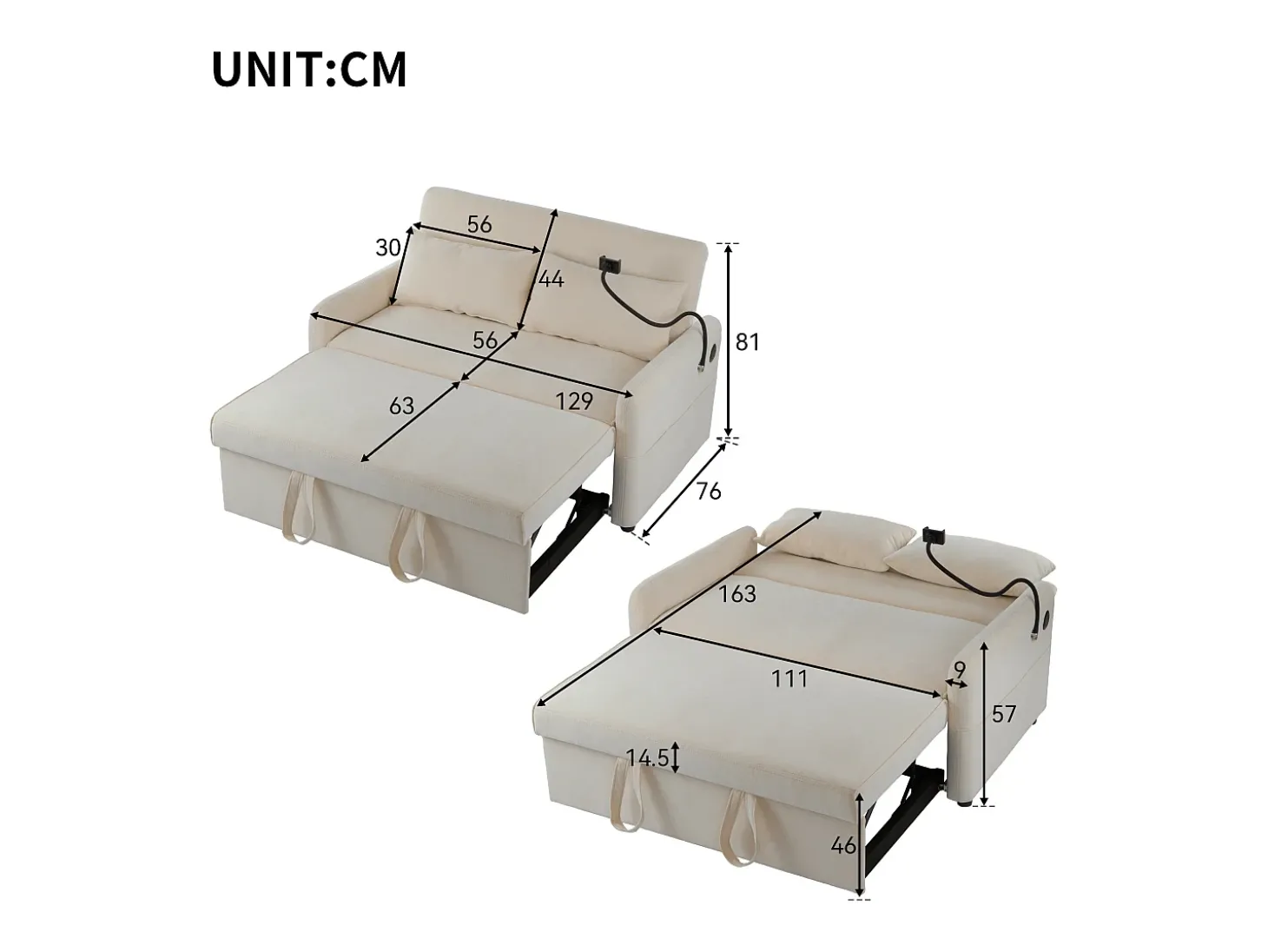 Sofá convertível ajustável multiângulo em tecido chenille - 2 lugares - com suporte para telefone e portas USB - Bege
