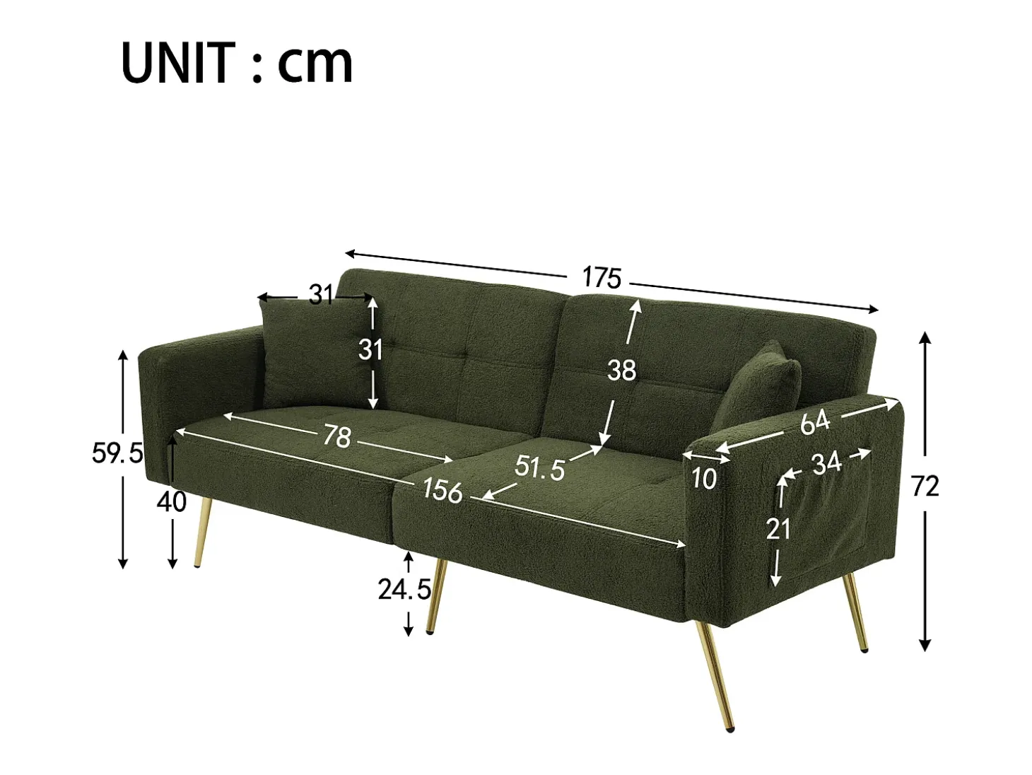 Sofá convertível com encosto ajustável - 2 lugares - Tecido turco francês - Verde