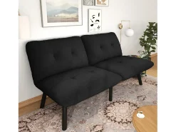 Sofá convertível de 2 lugares em preto, veludo e metal, com pés pretos.